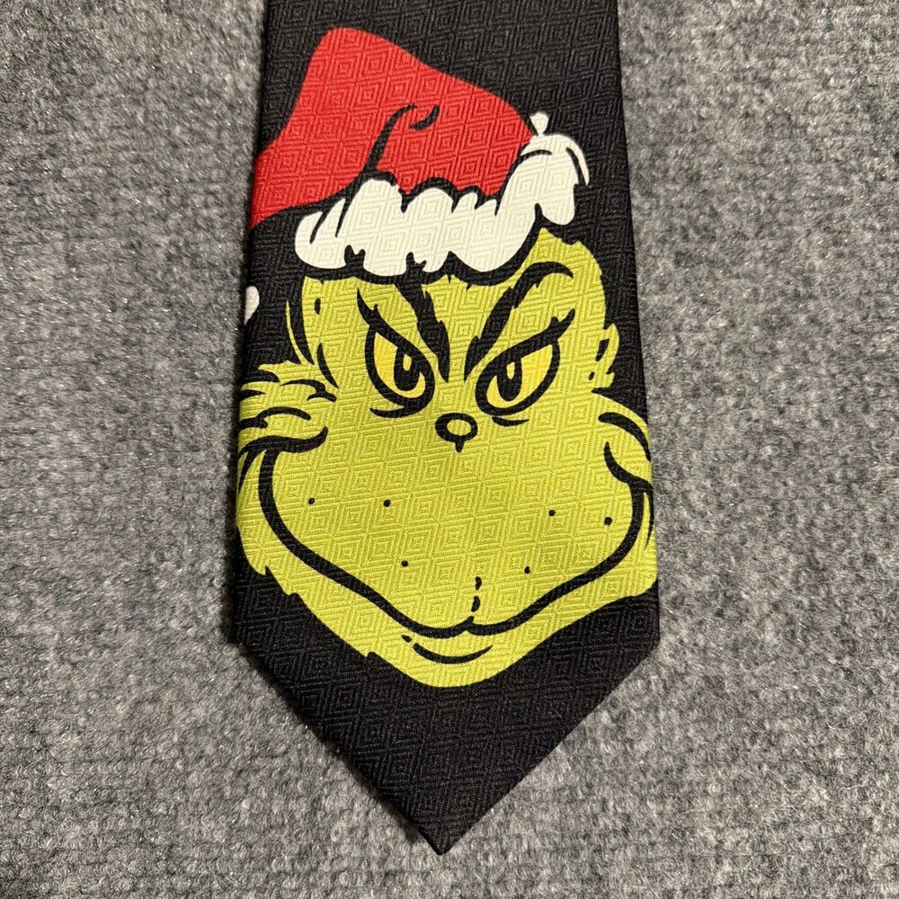 Vintage Dr Seuss Grinch Christmas Necktie Black Green Face 57” Christmas Mens
